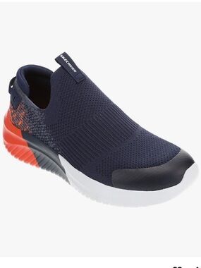 Skechers Ultra Flex 3.0 Boy’s Navy Slip-On Knit Sneakers with Orange Heel